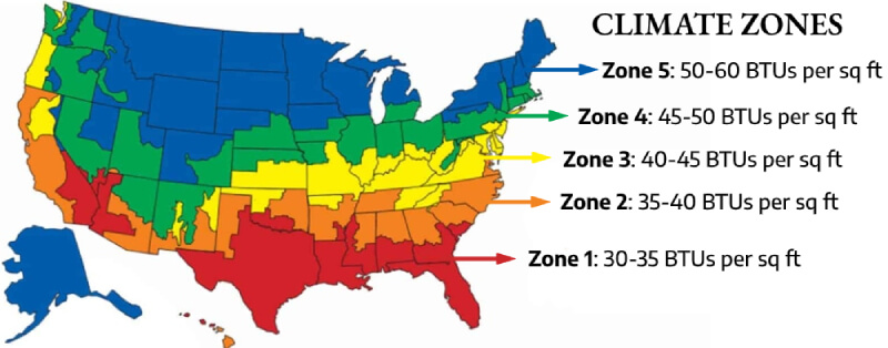 U.S. heating climate zone map for furnace BTU sizing